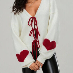 Red Casual Women's Cardigan Heart Pattern Tie-Up Front Long Sleeve Knit Sweater